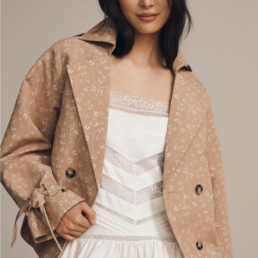 Anthropologie Tan Floral Cropped Trench Coat NEW with Tags